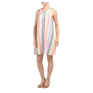 Woman C&C CALIFORNIA multicolor Stripe 100% Linen Sleeveless Swing Dress Small